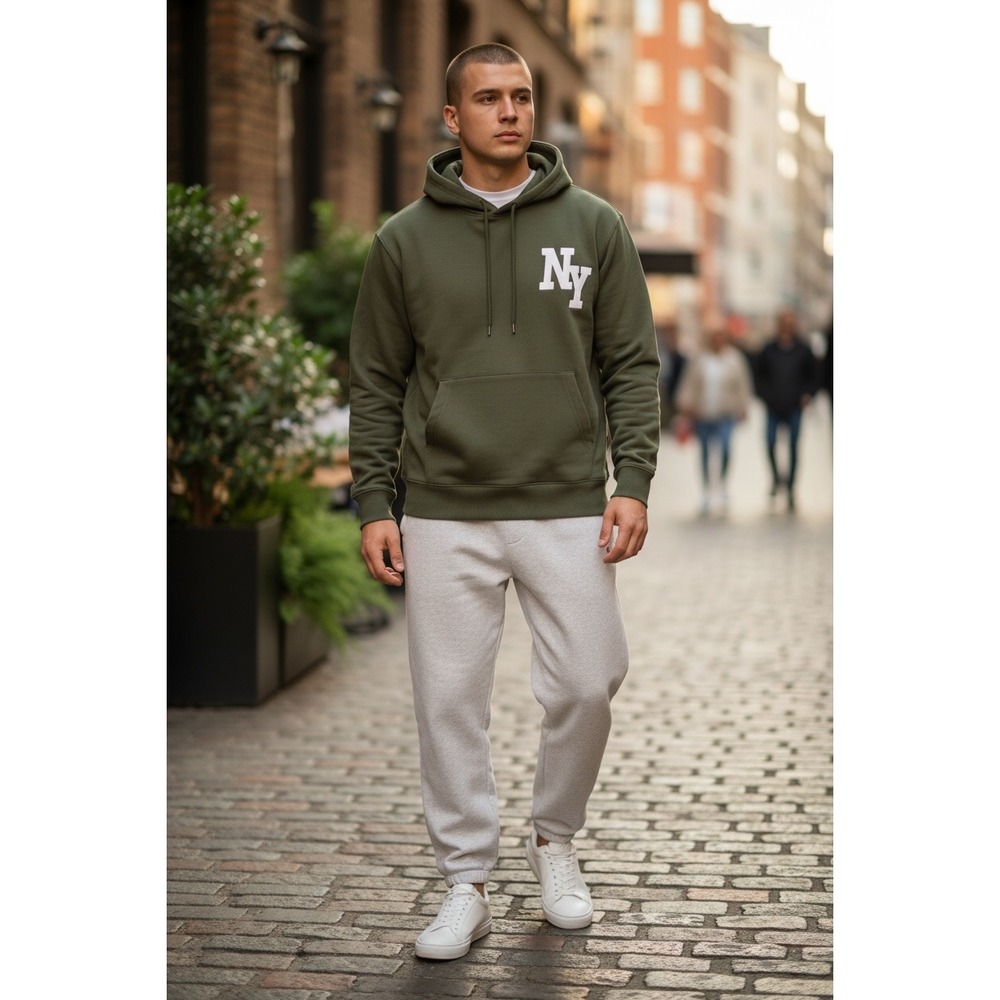 Mode of One Mens Long Sleeve Oversized NY Hoodie in Wild Ivy Size M